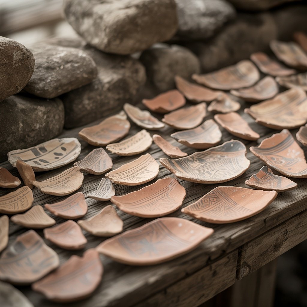 Ancient pottery artifacts recovered from archaeological excavations at mound sites