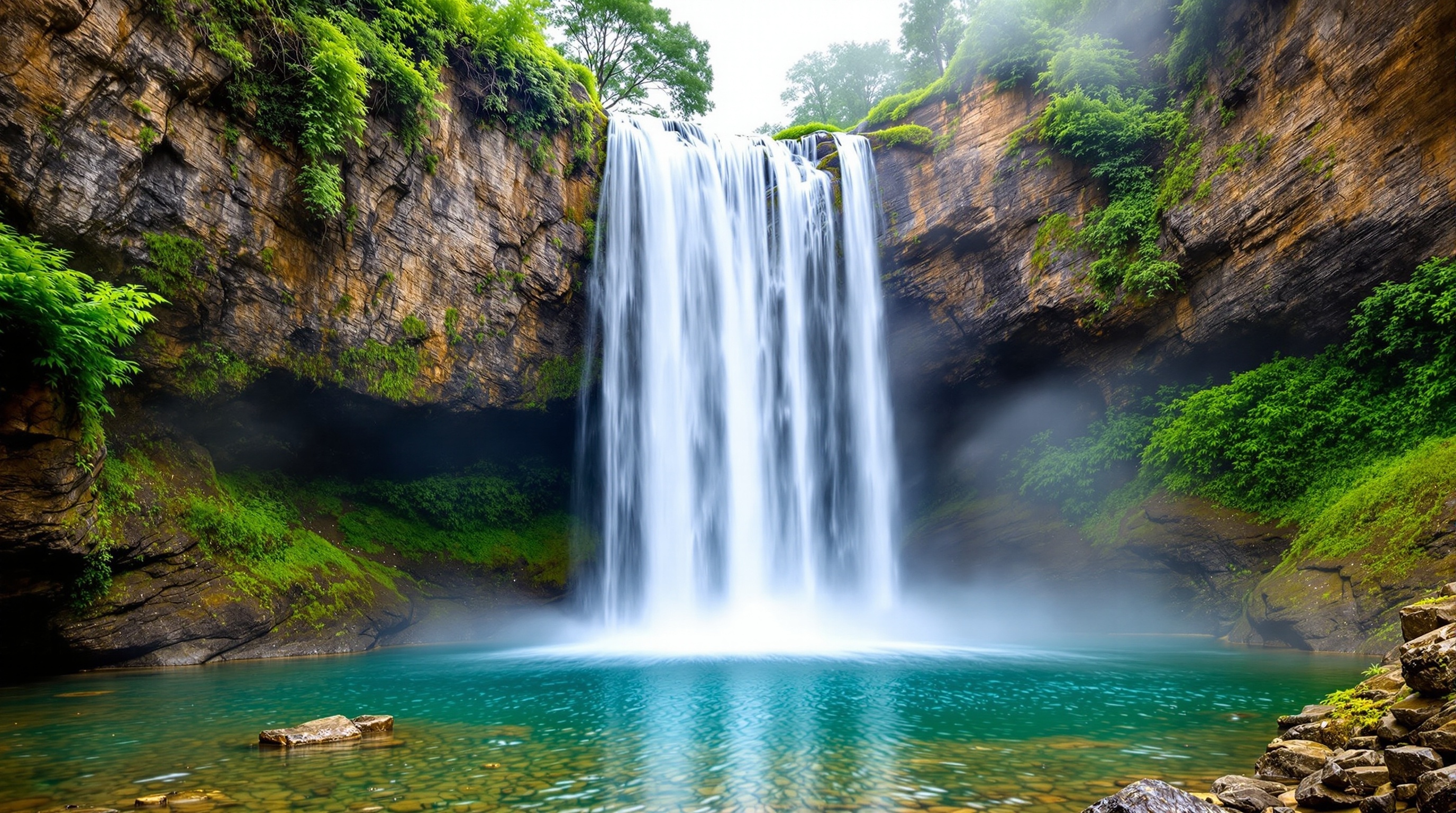Spectacular jungle waterfall cascading through lush tropical vegetation