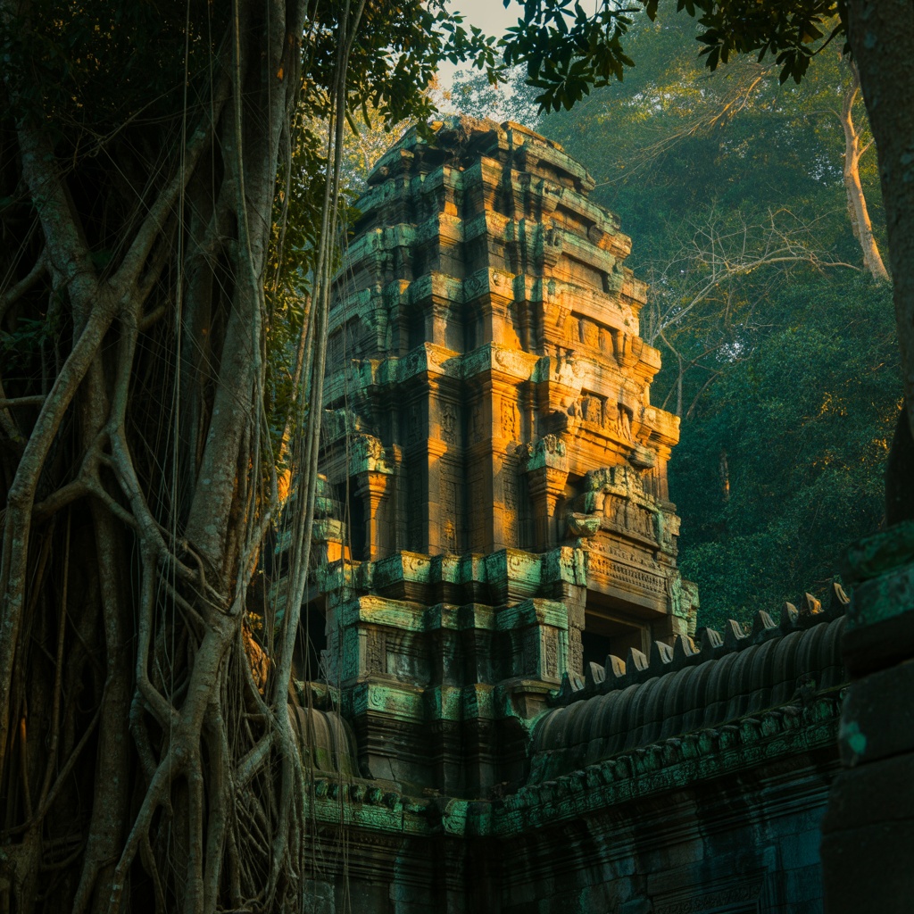 Ancient temple ruins surrounded by jungle vegetation